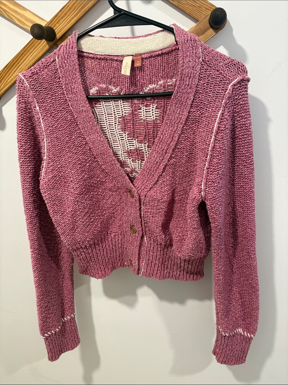 Anthropologie Pilcro Icon Cardigan in a pink, cropped, heart-knit style